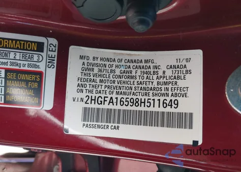 2008 Honda Civic Lx z USA, uszkodzony, nr VIN 2HGFA16598H511649